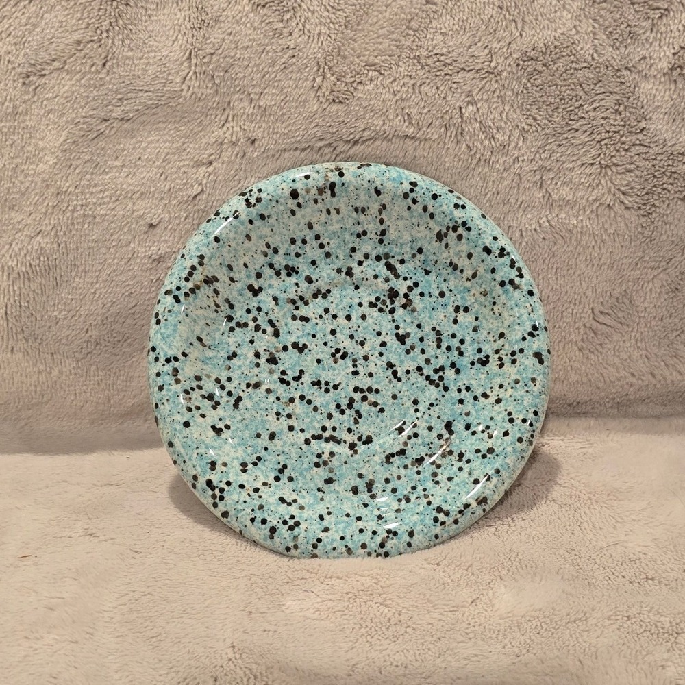 Speckled Turquoise Ceramic Trinket Dish Splatter Glaze Small Saucer 4.25"